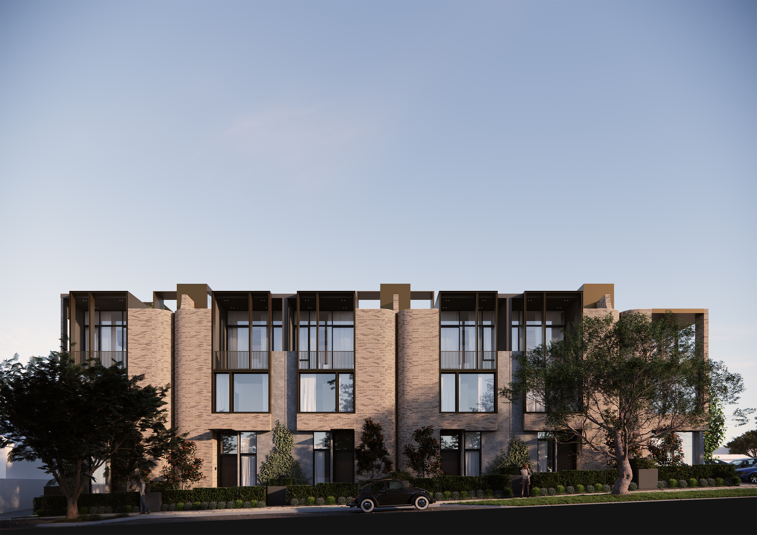 Complete street elevation of Filaro's six residences beneath an open sky