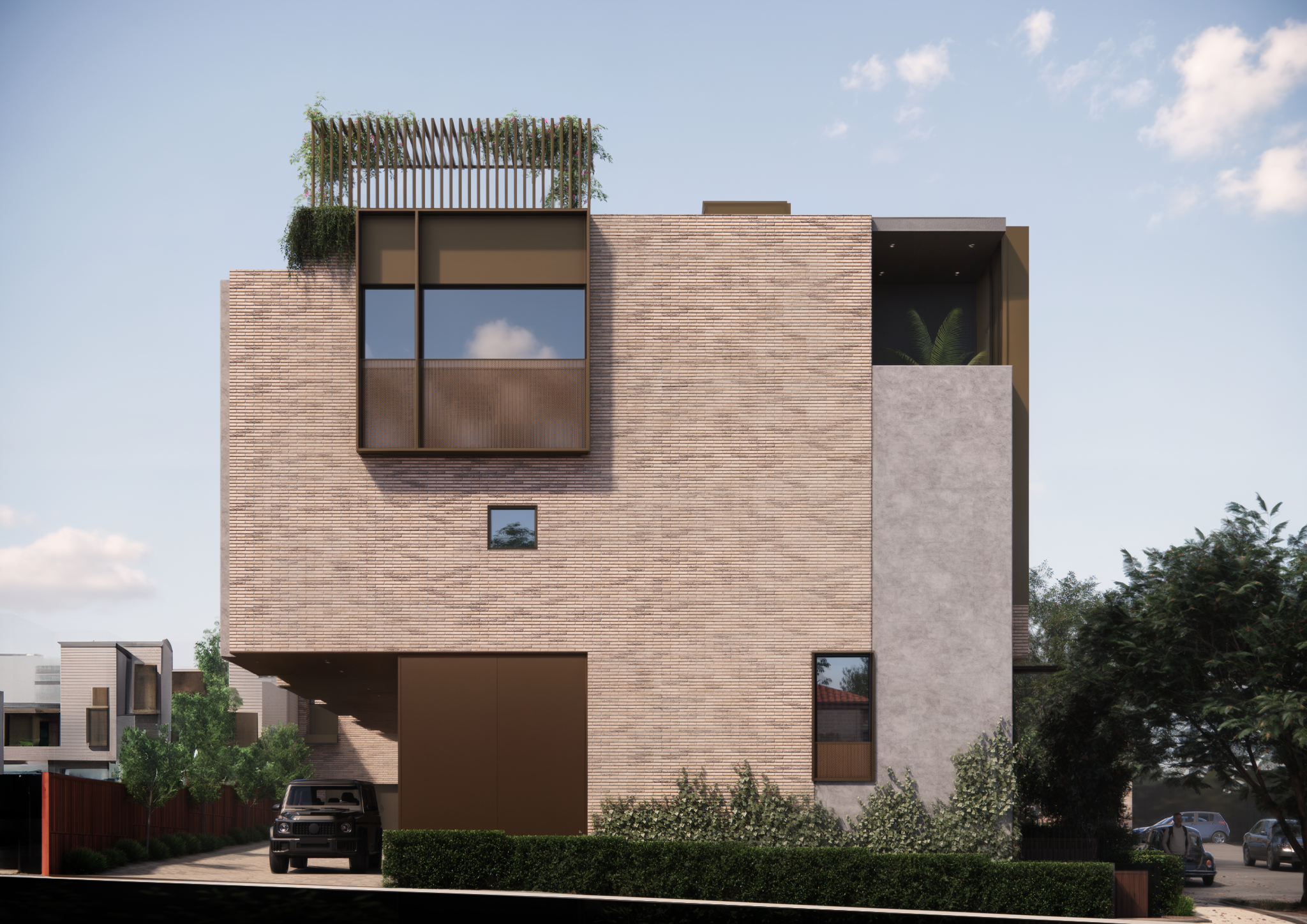 Side elevation of a Filaro residence showing the garage, upper-level openings and roof terrace
