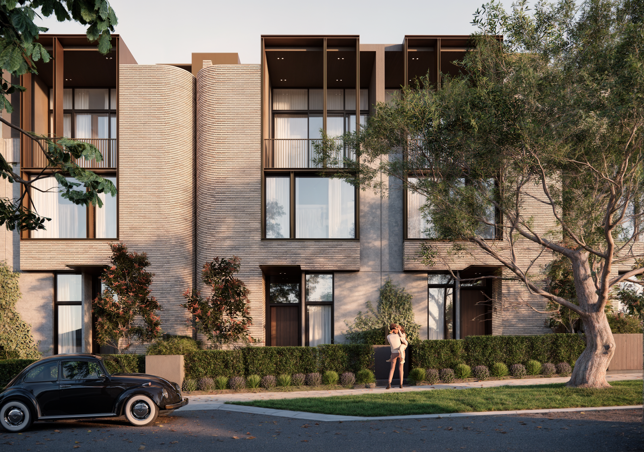 Street view of Filaro showing the three-storey facade, framed openings and established trees