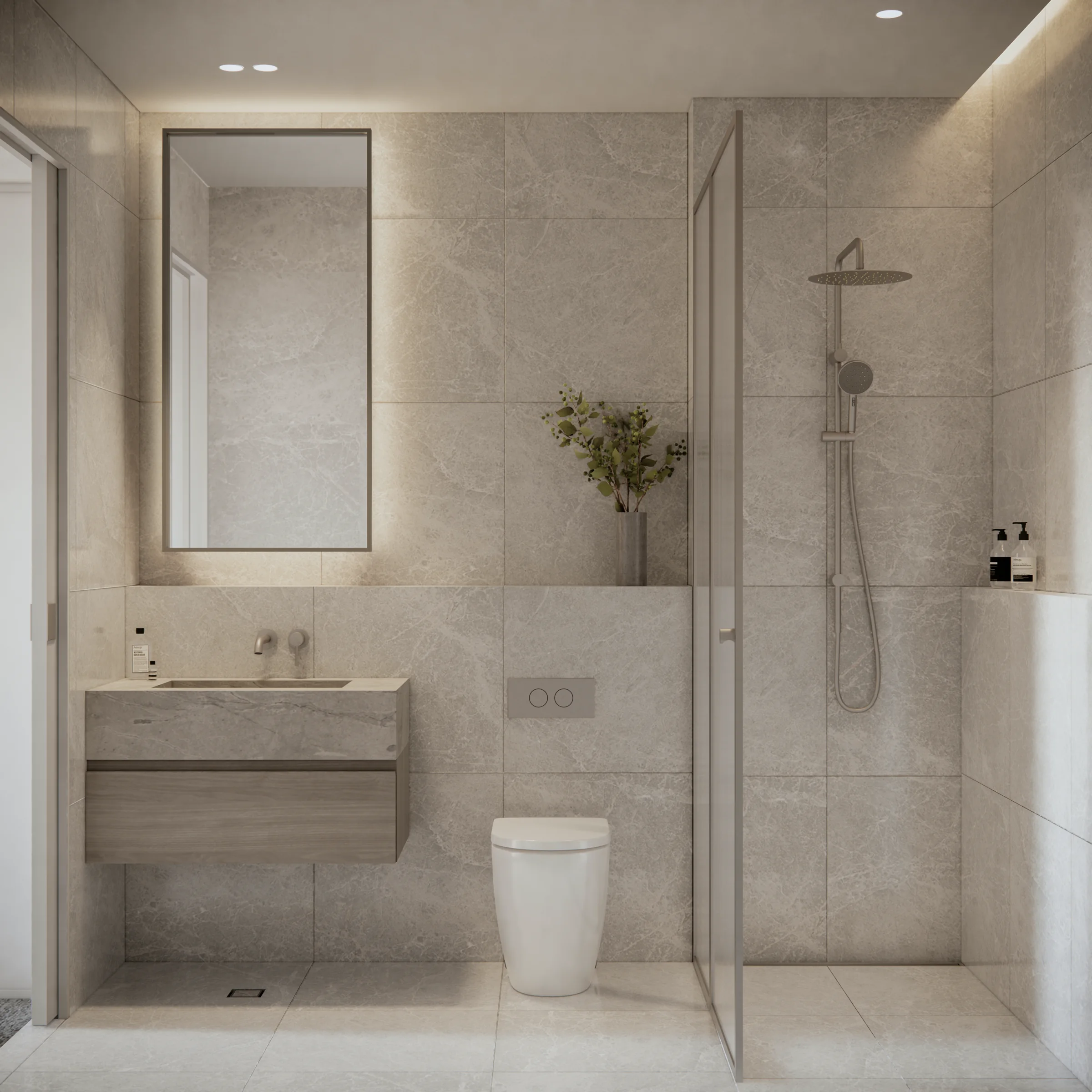 Typical Filaro bathroom with stone vanity, mirrored cabinetry and semi-frameless shower