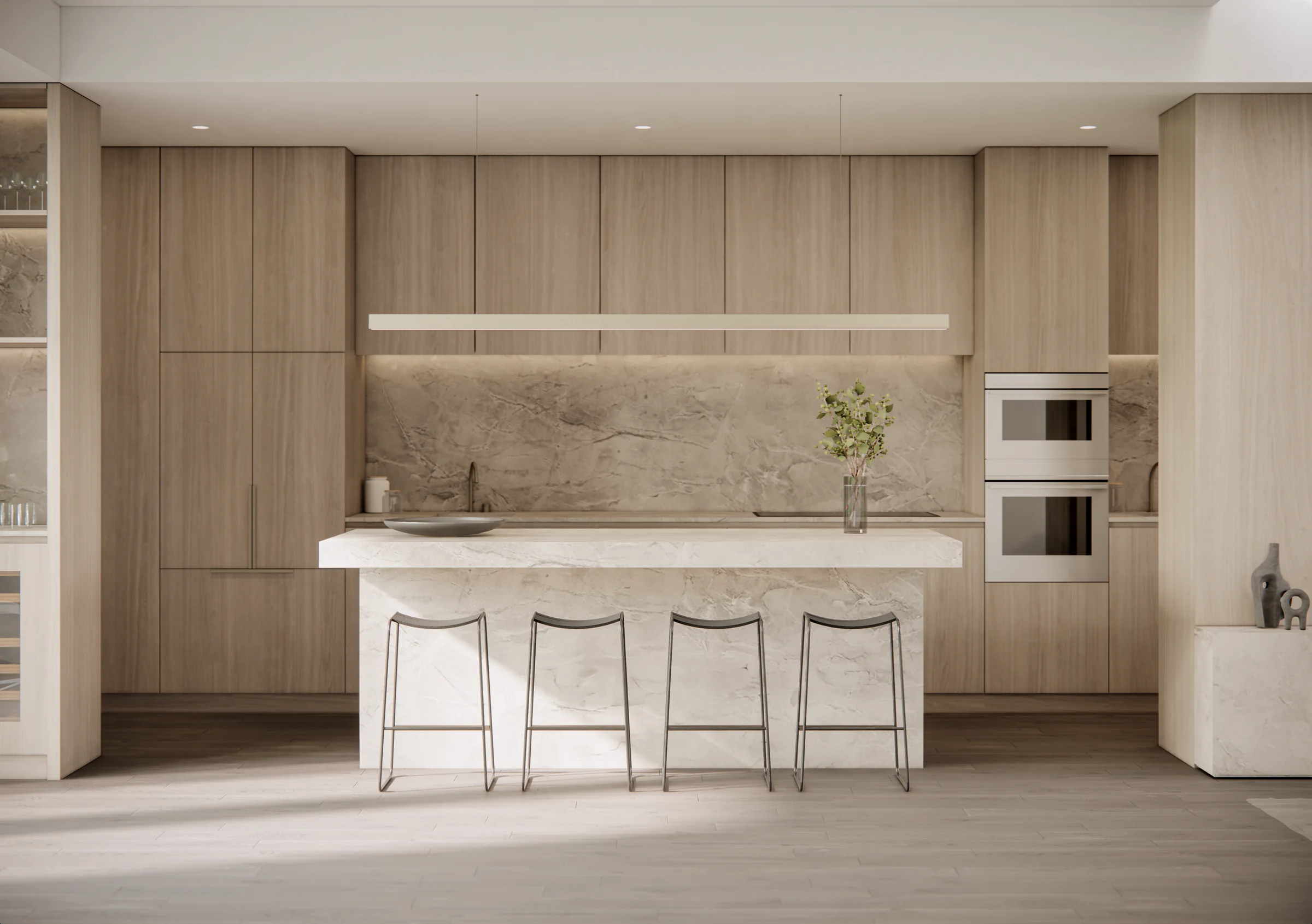 Filaro kitchen with full-height oak-toned cabinetry and stone island