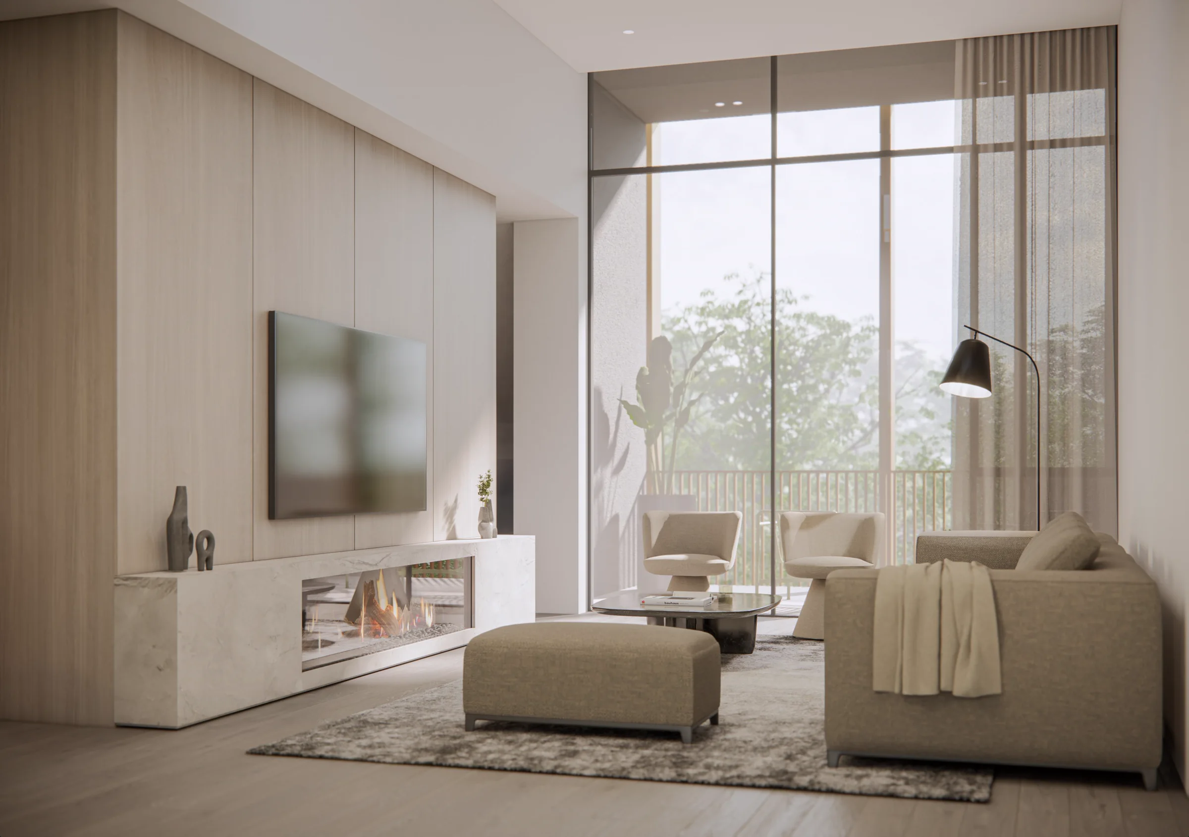 Filaro living room with integrated joinery, media, fireplace and a framed outlook