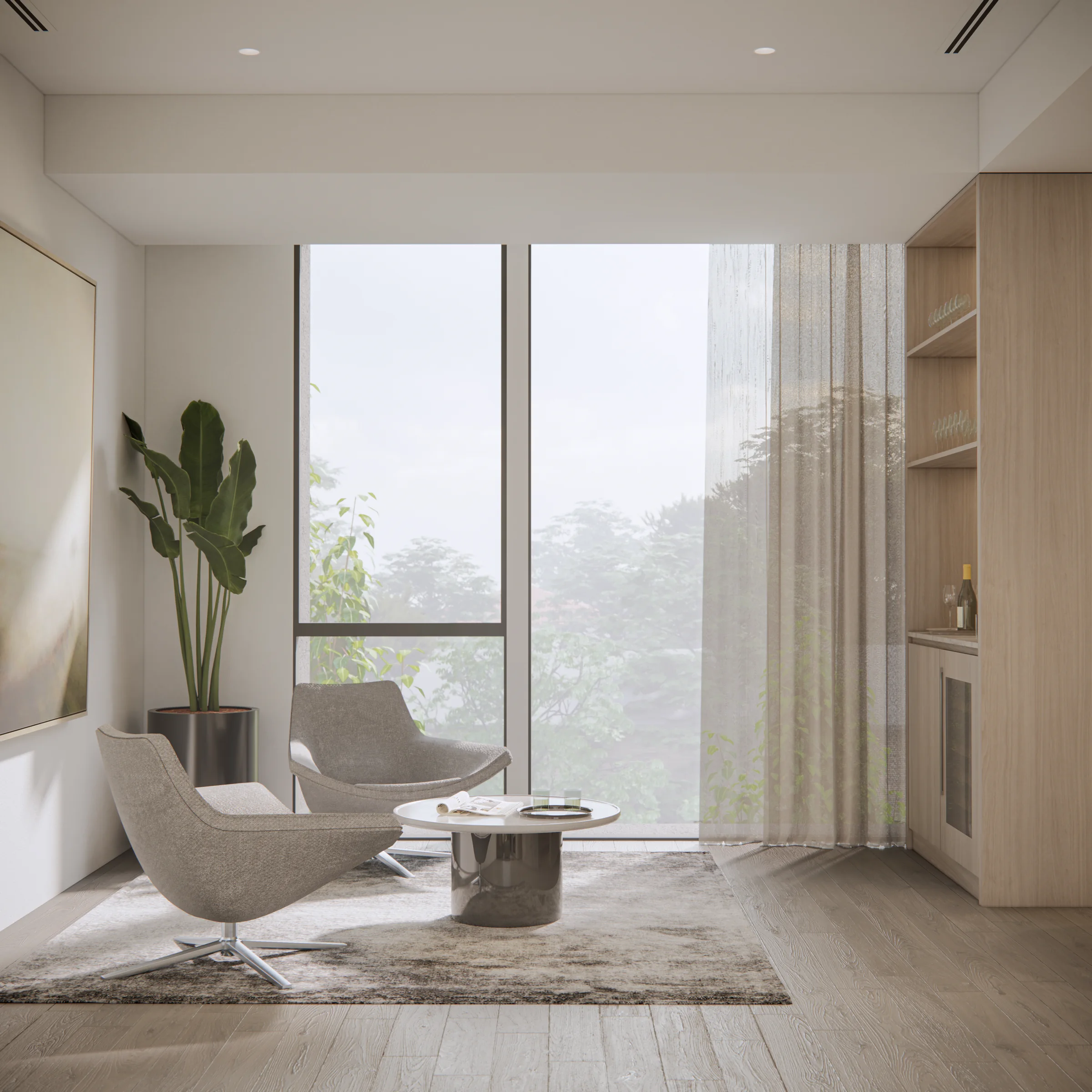 Filaro living area with a fitted bar, integrated wine fridge and seating beside an oversized window