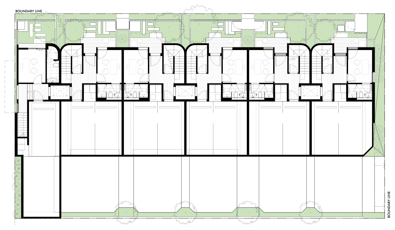 Ground floor plan showing all six Filaro residences in one continuous row