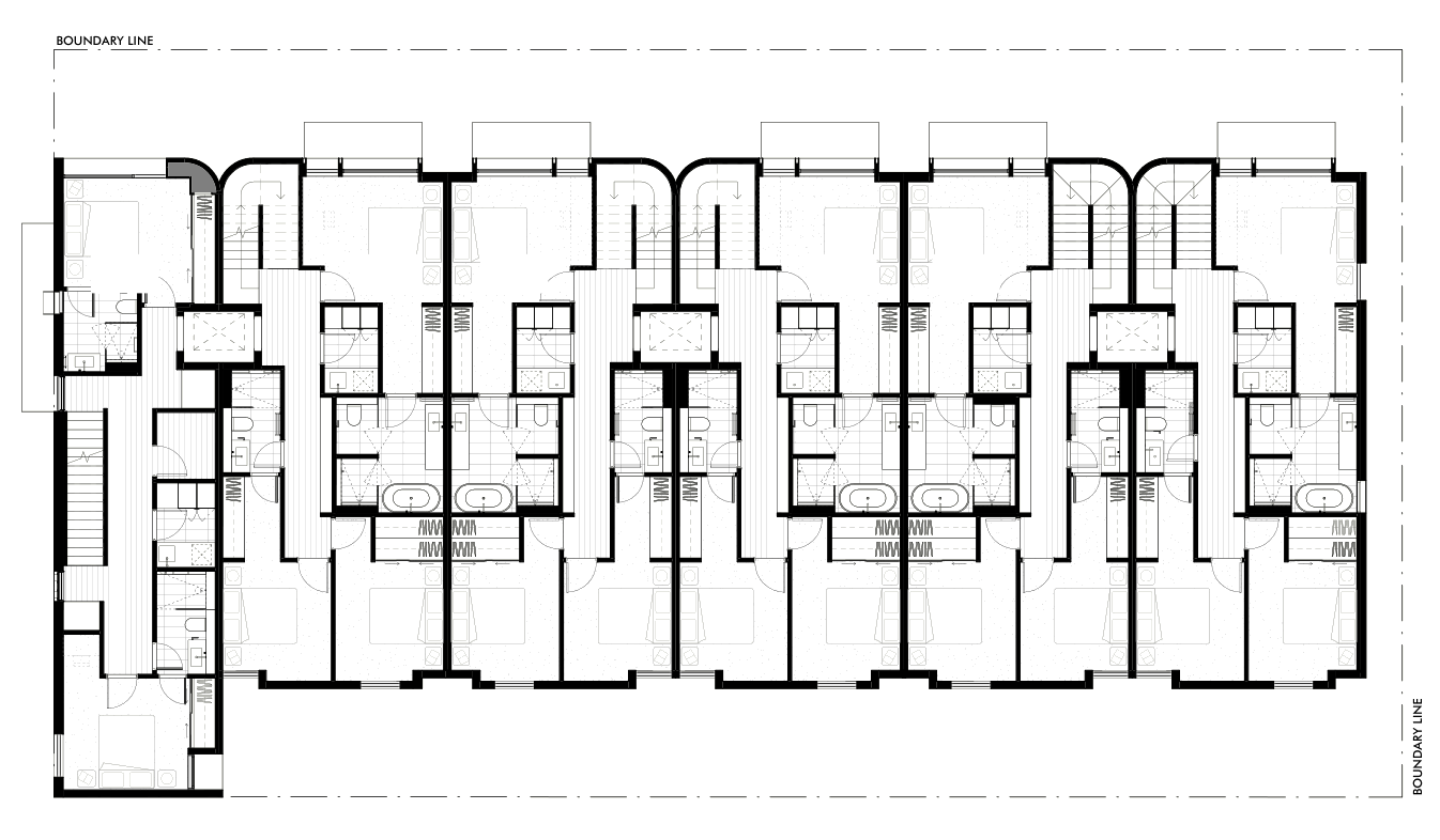 Level 1 plan showing all six Filaro residences in one continuous row