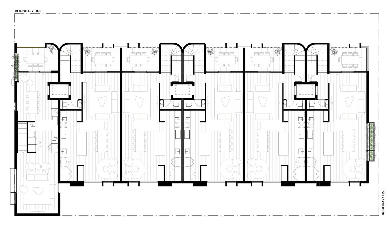 Level 2 plan showing all six Filaro residences in one continuous row