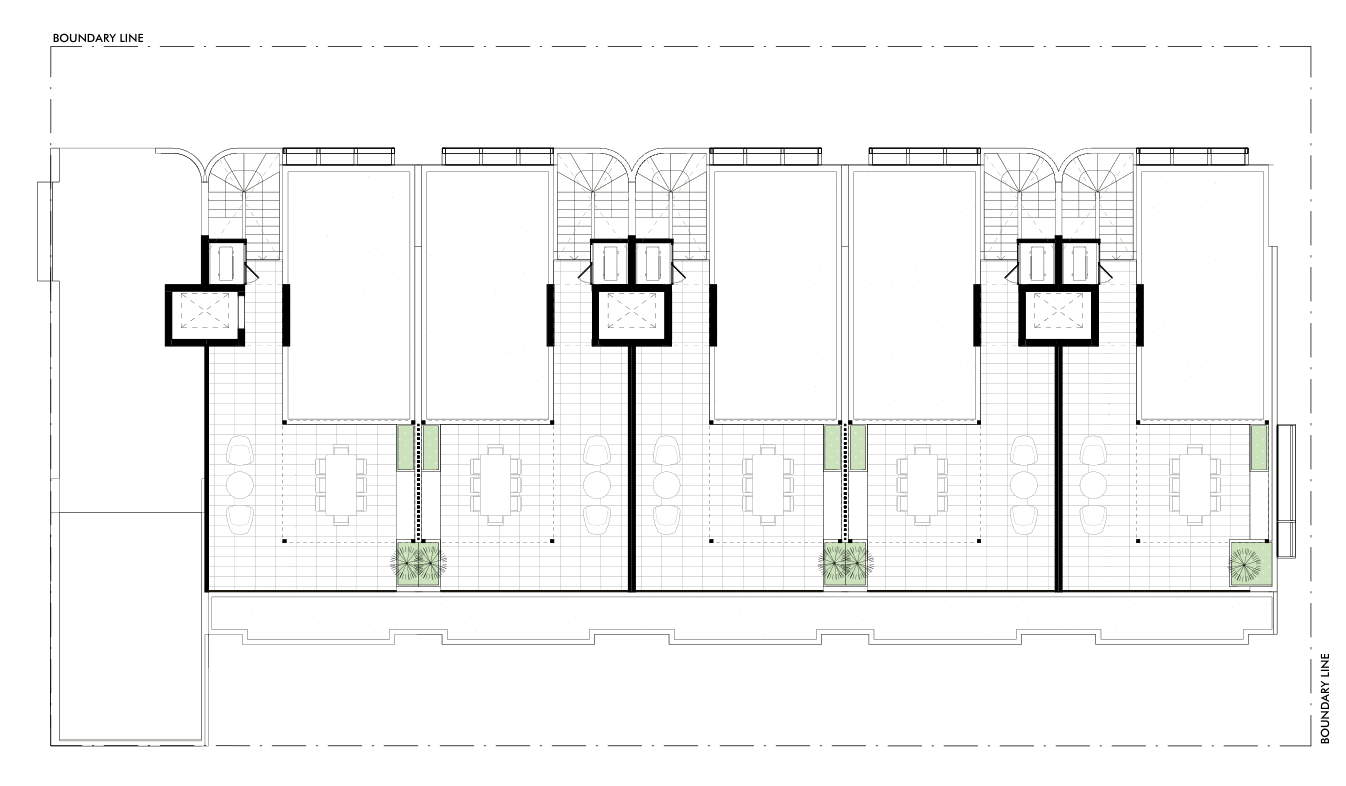 Roof terrace plan showing all six Filaro residences in one continuous row